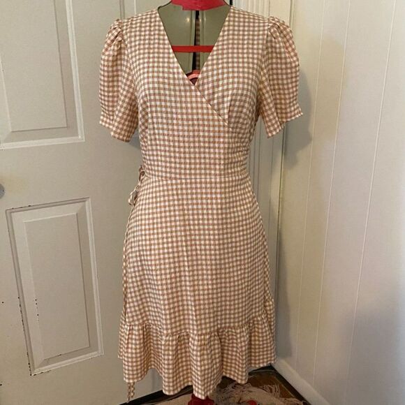 Loft Wrap Around Gingham Ruffled Short Sleeve Dress Size 10 - Picture 1 of 5